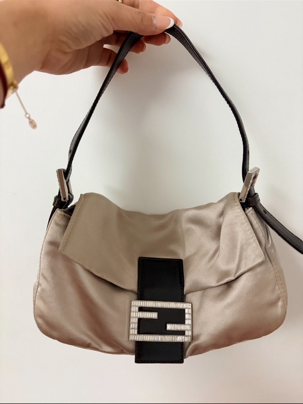 Fendi Champagne Satin Mini Baguette with Black Strap and Crystal Buckle
